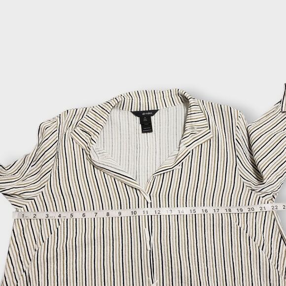 Ali Miles Size Medium Tan Black Stripe Button Front Tunic Top Lagenlook Artsy - Picture 9 of 13